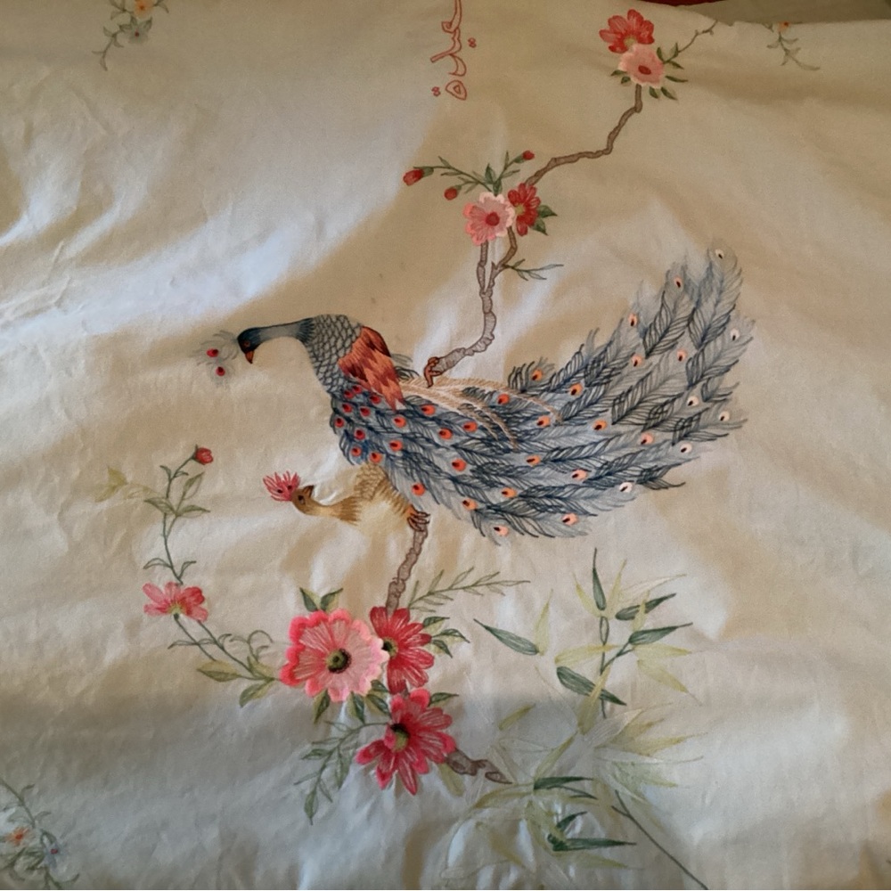 Vintage Handmade Twin Size Mint Green Embroidered Bedspread 85” x 74”